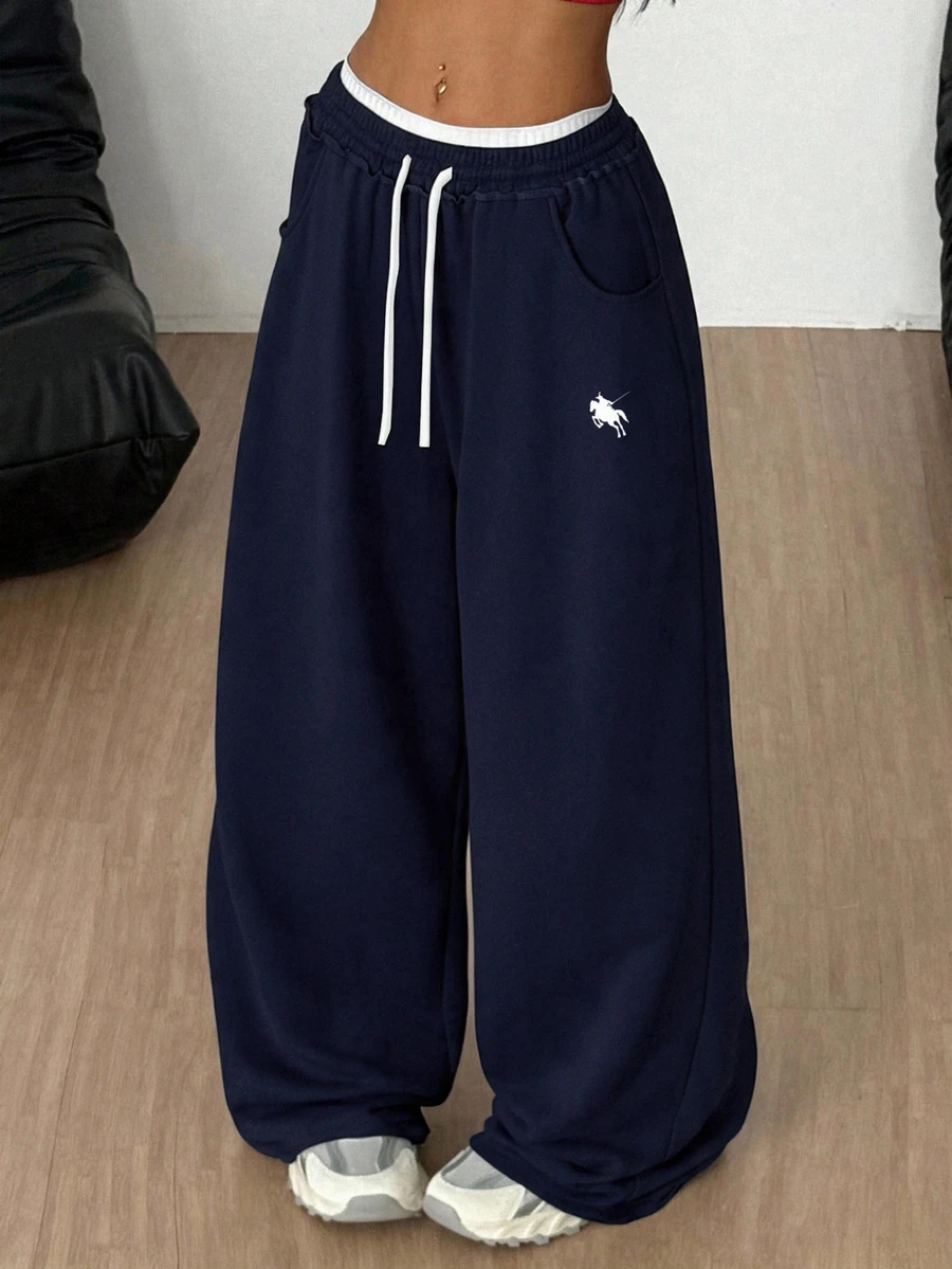 SHEIN 青少年女孩寬鬆休閒舒適中腰對比色抽繩運動長褲 冬季 - 藏蓝色 - 查看 1