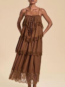 Travachic Women's Solid Color Ruffle Front Tie Strap Dress Squishy Fairy Spring/Summer New Chiffon Crinkled Contrast Lace Adjustable Strap Tiered Maxi Dress - Brown - View 5