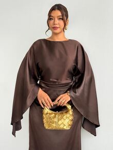 Firerie Plus Size Women Solid Color Round Neck Cape Sleeve Pleated Elegant Dress - Coffee Brown - View 6