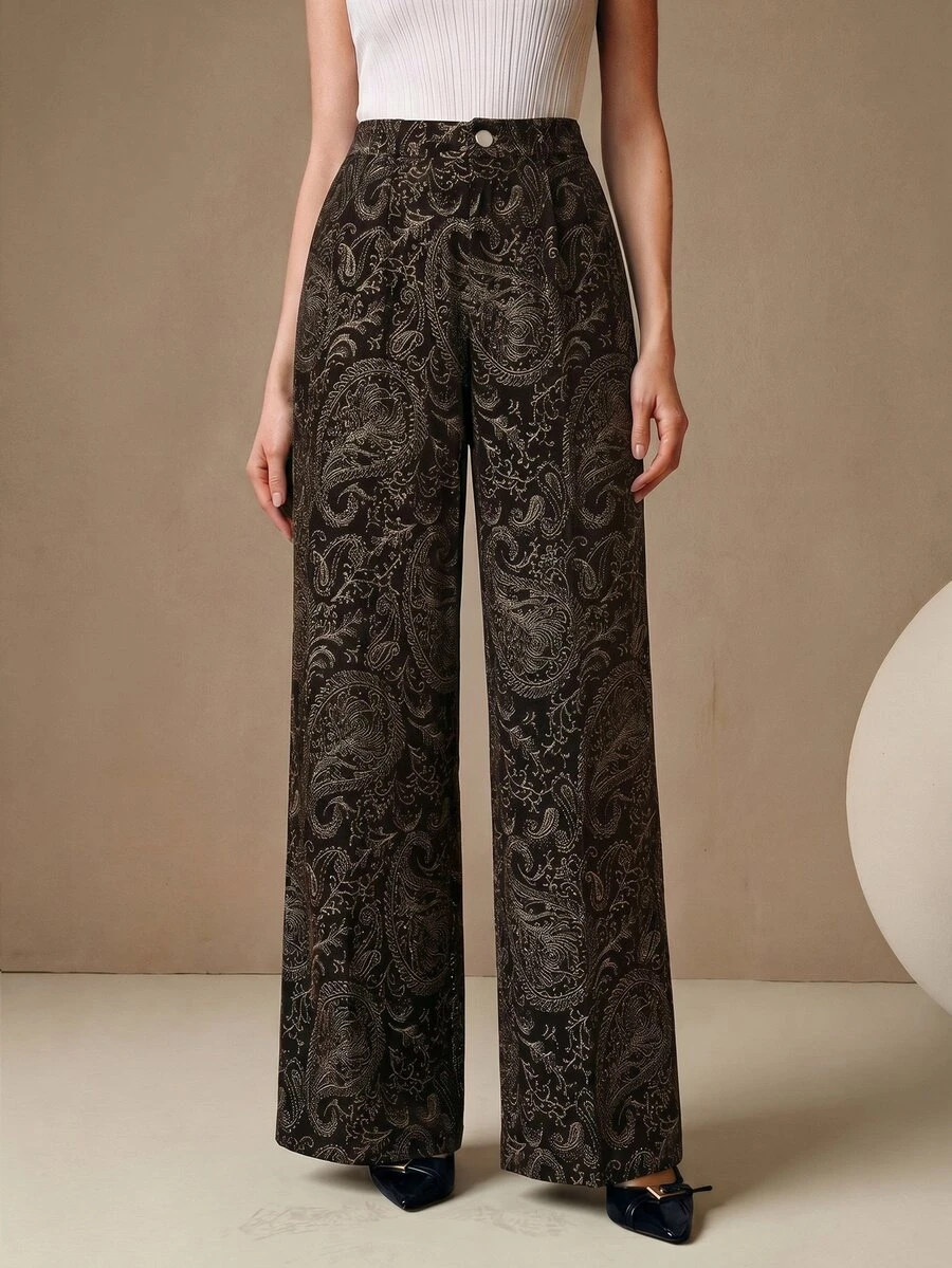 Anewsta Modern Design Digital Print Casual Coffee Brown Long Pants Women Spring Autumn New High Waist Loose Slimming Versatile Straight Leg Pants - Brown - View 1
