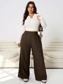 SHEIN CURVE+ Plus Size Women Solid Color Shirred Waist Wide Leg Loose Pants Fall - Coffee Brown - View 7