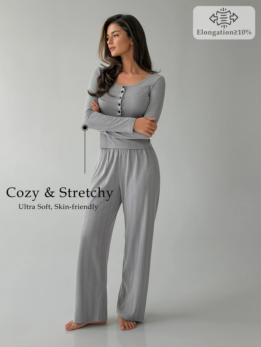 DAZY Women's Solid Color Button Half-Placket Long Sleeve Top And Pants Loungewear Set - Grey - View 1
