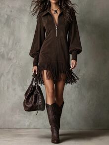 LUMIGAL Women's V-Neck Lantern Long-Sleeved Suede Tassel Patchwork Mini Dress, Western Style - Brown - View 1