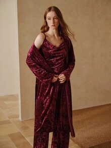 MOTF PREMIUM WOMEN'S PLEATED CAMI TOP AND PANTS CASUAL DAILY HOME SLEEPWEAR SET - Burgundy - View 4
