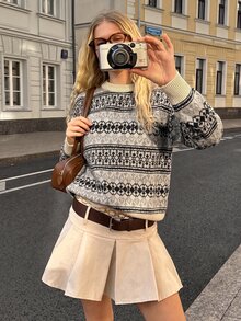 SHEIN EZwear 女款冬季毛衣，復古圖案費爾島圓領長袖，聖誕新年造型 - 杏色 - 查看 5