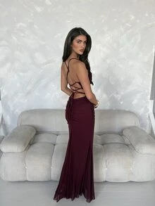 Aloruh Women's Solid Color Pleated Fitted Elegant Spaghetti Strap Dress - Bold Plum - View 2