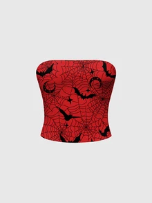 ROMWE Goth 蜘蛛網深色蝙蝠圖案印花可愛性感露背海灘女款抹胸上衣 - 紅色 - 查看 1