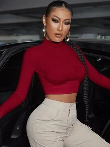 SHEIN SXY 春夏高領半拉鍊短版白色長袖T恤 - 酒紅色 - 查看 6