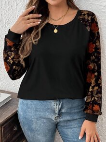 SHEIN LUNE Plus Size Women's Vacation Patchwork Floral Print Raglan Long Sleeve Round Neck T-Shirt - Multicolor - View 6