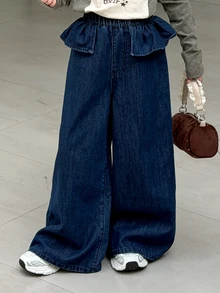 Dazy Kids Tween Girl) Straight Leg Casual Washed Denim Jeans With Frill Trim And Patchwork Design, Autumn/Winter - Blue - View 3