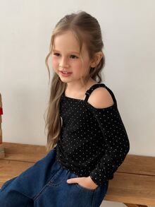 DAZY Young Girl Korean Style Polka Dot Print Cold Shoulder Long Sleeve T-Shirt - Black - View 6