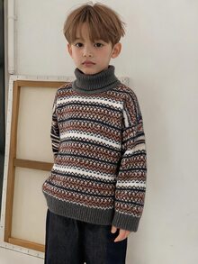 DAZY Boys' (Small) Fancy High Neck Sweater Top, Colorful Long Sleeve Autumn/Winter Knitwear - Grey - View 1
