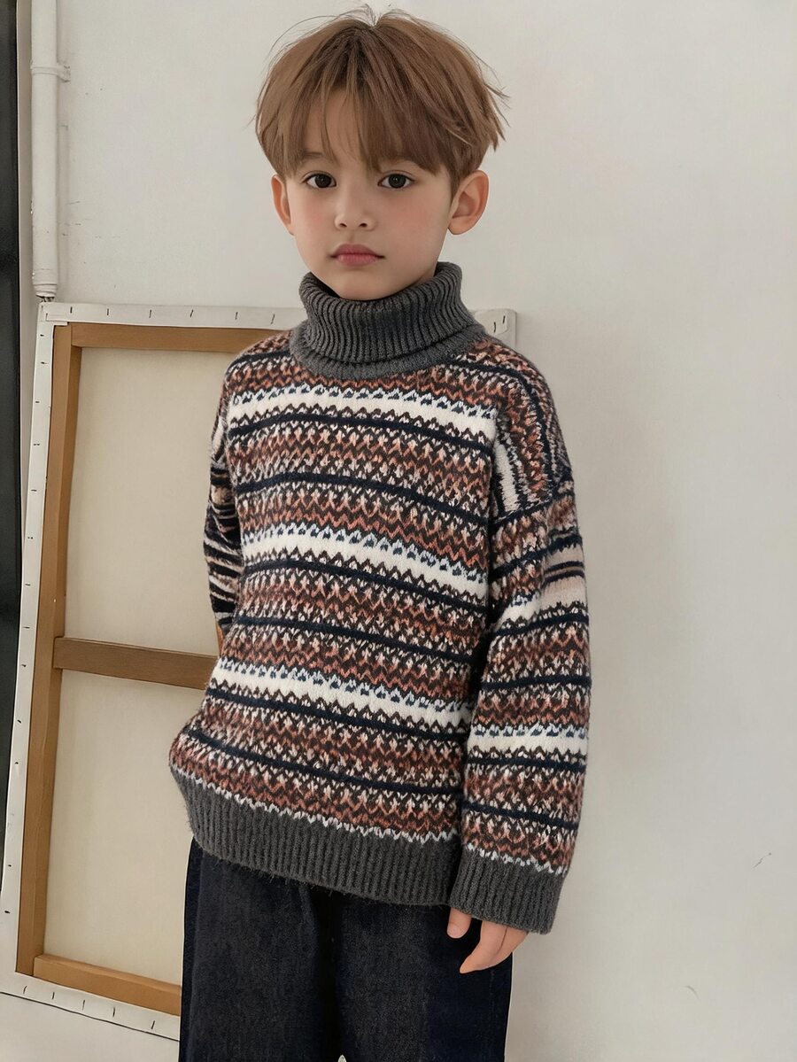 DAZY Boys' (Small) Fancy High Neck Sweater Top, Colorful Long Sleeve Autumn/Winter Knitwear - Grey - View 1