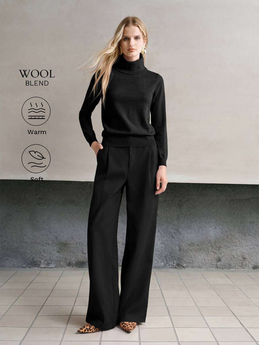 MOTF PREMIUM WOMEN'S SOLID COLOR LONG SLEEVE CASUAL VERSATILE TURTLENECK SWEATER - Black - View 1
