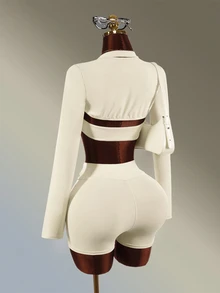 Amplova Women's Solid Color Long Sleeve Tank Top, Ruched Halter Neck Bra And Shorts Sports Set - White - View 9