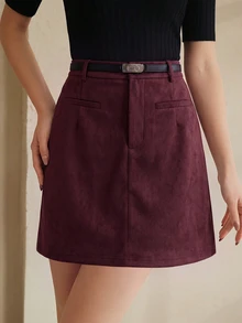 Vintamour Women's Solid Color Pocket Casual Commute Skirt - Burgundy - View 7