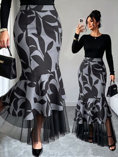 Elenzga Women's Elegant Fashion Commuter Printed Random Cut Autumn/Winter Gray Cut-Out Fabric High Waist Slimming Back Elastic Waist Side Zipper Easy On/Off Versatile Bodycon Double Layer Hem Skirt