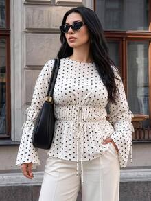 Easura Plus Size Casual Black & White Polka Dot Cinched Waist Long Sleeve Bell Sleeve Blouse - Apricot - View 1