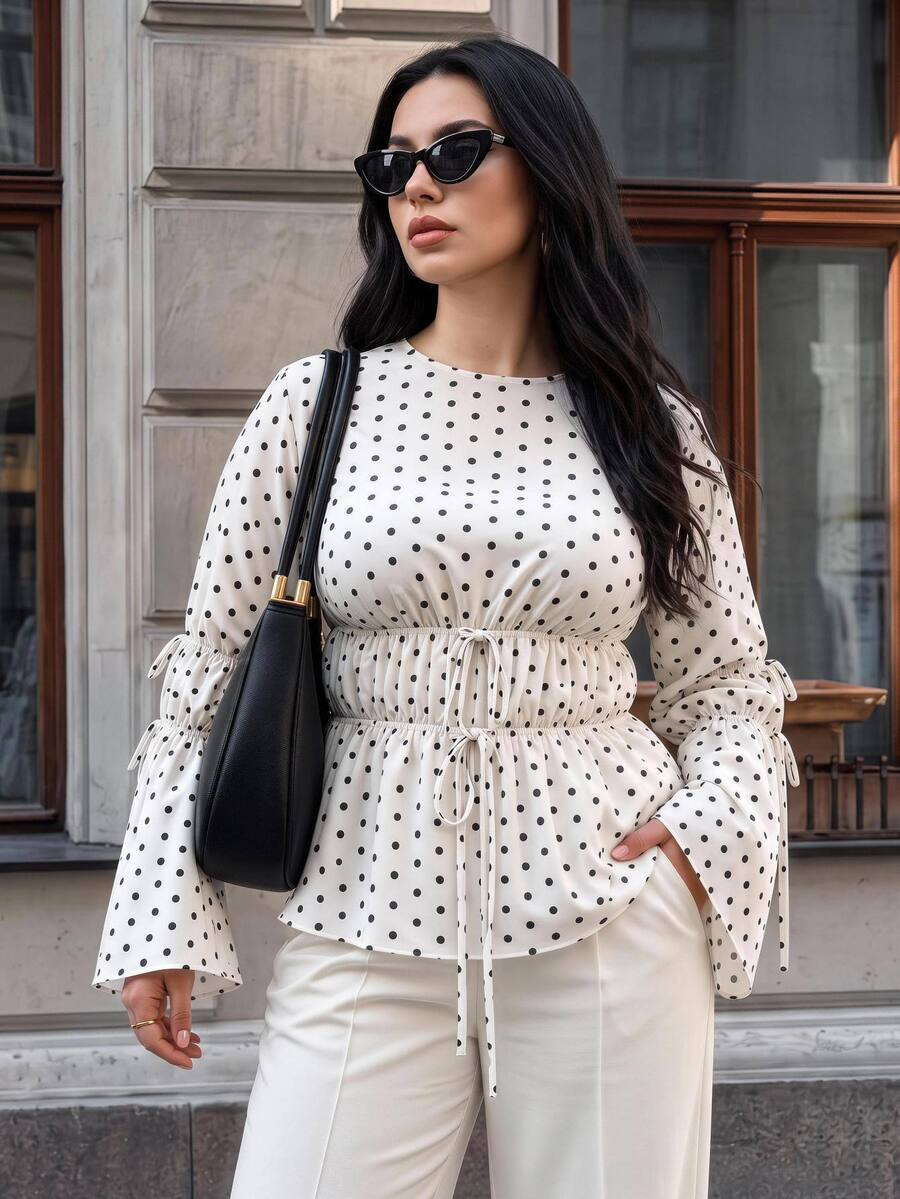 Easura Plus Size Casual Black & White Polka Dot Cinched Waist Long Sleeve Bell Sleeve Blouse - Apricot - View 1