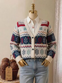 Rusticease Plus Size Colorblock Button Front V Neck 3/4 Sleeve Cardigan Cozy Elegant Fall Winter 2026 Christmas - Multicolor - View 3