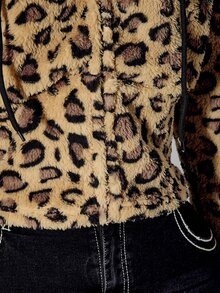 SHEIN ICON Women's Plus Size Leopard Print Flannel Hooded Sweatshirt - Brown - View 12