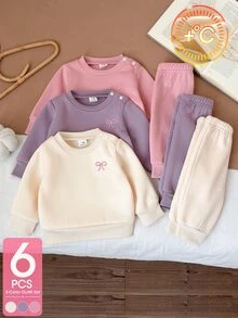 SHEIN 2件組女嬰休閒運動衫褲套裝，甜美粉紫色奶油色，蝴蝶結刺繡，長袖圓領，常規款，肩部鈕扣，適合派對、冬季與秋季 - 彩色 - 查看 1