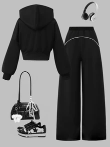 SHEIN 青少年女孩 2 件套黑色花卉連帽拉鍊開襟外套，落肩寬鬆版型，長版羅紋腰線，時尚休閒獨特設計開襟，搭配黑色寬鬆舒適長寬腿褲，休閒運動學院風穿搭，適合外出、室內、運動、健身、學校，適用春、秋、冬、聖誕節 - 黑色 - 查看 2