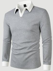 Manfinity Homme 男士拼色領長袖 Polo 衫，休閒外出款，適合丈夫，秋季，正式場合 - 灰色 - 查看 4