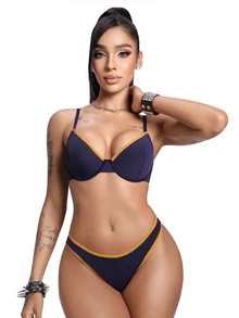 AltBold 2pcs Women's Underwire Thin Cup Comfortable Bra Set - Navy Blue - View 1