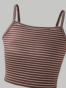 SHEIN Girls' Simple Casual Daily Knit Sports Cover Up, Striped Tank Top And Striped Sports Pants, Autumn, Winter - Brown - View 7