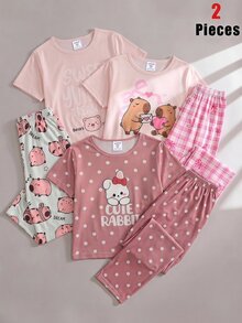 SHEIN 2件組 青少年女孩時尚簡約秋季新款可愛水豚圖案印花圓領短袖上衣搭配粉色淺色格紋蝴蝶結長褲居家服套裝 - 淺粉色 - 查看 1