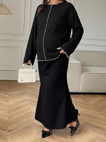 Dazy Maternity Contrast Color Ruffle Wave Hem Loose Long Sleeve Bell Sleeve Casual Vacation Korean Style Spring Autumn Maternity T-Shirt - Black - View 7