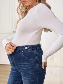 SHEIN Maternity Simple Daily Button Pocket Denim Jeans Winter Country Pants - Blue - View 3
