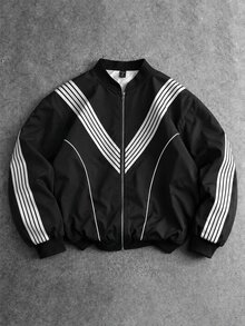 ROMWE MEN Men's Patchwork Striped Zip-Up Sports Jacket - Black - View 1