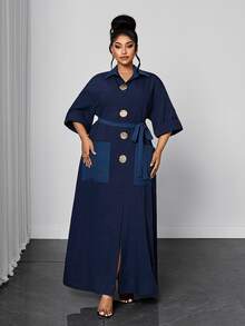 Maweii Plus Size Navy Blue Long Shirt Dress With Contrast Pocket Decor, Button Tie Waist, 3/4 Sleeve Fall Brunch Party Elegant - Navy Blue - View 3