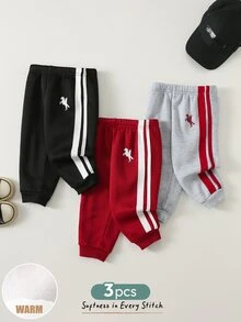 Cozy Pixies 3件組嬰兒男孩女孩可愛秋冬休閒百搭純色側條紋鬆緊腰慢跑長褲，百搭長褲多件組 - 彩色 - 查看 7