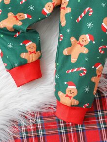 SHEIN Infant Toddler Cute Gingerbread Man Print Pattern Fitted Loungewear Set - Green - View 5