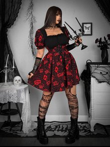 Whyspr Harley Quinn X SHEIN Plus Size Dark Hip Hop Letter Print Drawstring Tie Dress - Multicolor - View 5