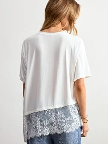 Willow Rêve Women's Round Neck Lace Patchwork Asymmetrical Hem T-Shirt - White - View 2