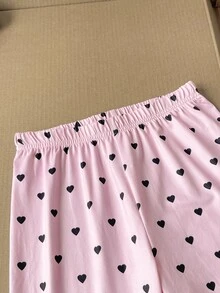 SHEIN Tween女孩休閒居家甜美粉黑愛心印花對比飾邊長袖T恤與直筒寬腿褲2件套 秋冬穿搭 隨機2件 - 藕粉色 - 查看 5