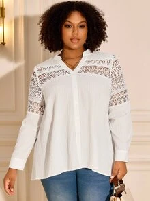BrightlyHer Plus Size Women's Contrast Lace Cutout V-Neck Long Sleeve Fashion Blouse - White - View 8
