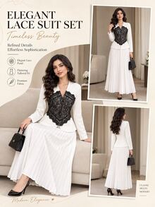 Modelyn New Woven Cardigan Long Sleeve Lace Patchwork Design Pleated Bottom Elegant Commute Fashion Versatile Long Women's 2 Pieces Set - White - View 8