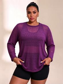 SHEIN Rhythm Era Plus Size Women Solid Color Long Sleeve Casual Fitness Sports T-Shirt - Bold Plum - View 4