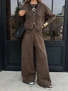 DAZY Women's Autumn/Winter Long Sleeve Zipper Front Drawstring Hooded Knit Cardigan And Knit Pants Casual Set - Brown - View 4