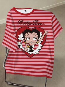 Betty Boop x SHEIN 女款字母條紋圓領落肩休閒T恤 - 白色 - 查看 3