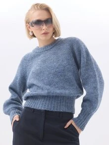 KÆRIA Hus Raglan Sleeve Crew Neck Marle Knit Sweater - Dusty Blue - Relaxed, Cosy, Layering, Modern - Navy Blue - View 1