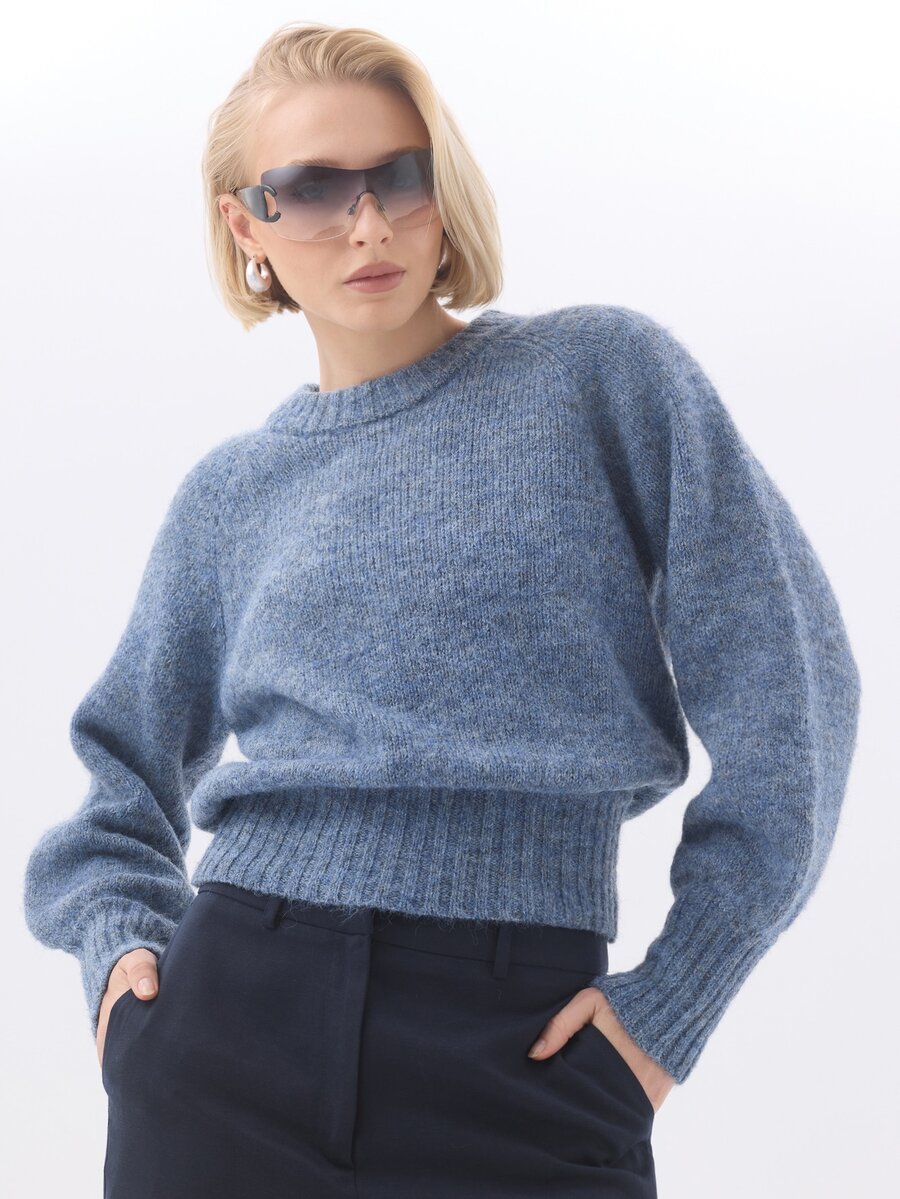 KÆRIA Hus Raglan Sleeve Crew Neck Marle Knit Sweater - Dusty Blue - Relaxed, Cosy, Layering, Modern - Navy Blue - View 1