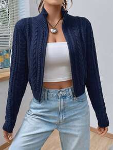 SHEIN EZwear 女款優雅白色麻花編織拉鍊開襟針織外套，秋季休閒日常立領修身長袖針織上衣 - 藏蓝色 - 查看 3