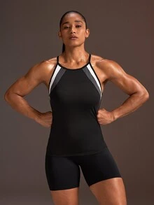 Powerista Women's Black White Gray Fitted Backless Sports Tank Top - Black and White - View 4