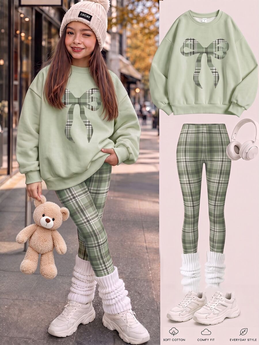 Tween女孩卡其色冬季家庭套裝舒適柔軟保暖格紋蝴蝶結印花長袖秋季童裝 - 白色 - 查看 1